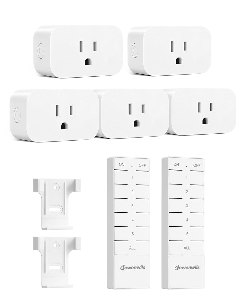 DEWENWILS Remote Control Outlet with All On/Off Button, Indoor Remote Outlet Switch for Lights, Lamps, Fan, 2 Mountable Brackets, 15A/1875W, 100FT, 2 Remote and 5 Outlets 2 Remote + 5 Outlet