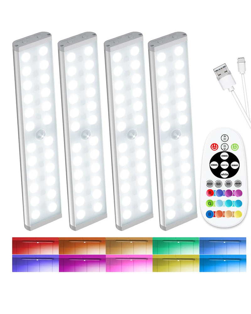 SZOKLED 58-LED Under Cabinet Lighting Wireless, RGB Motion Sensor Night Lights with Remote, 1100mAh Magnetic Under Cabinet Lights for Kitchen, Shelf, Stair, 15 Color (4 Pcs) Rechargeable / 4 Pack
