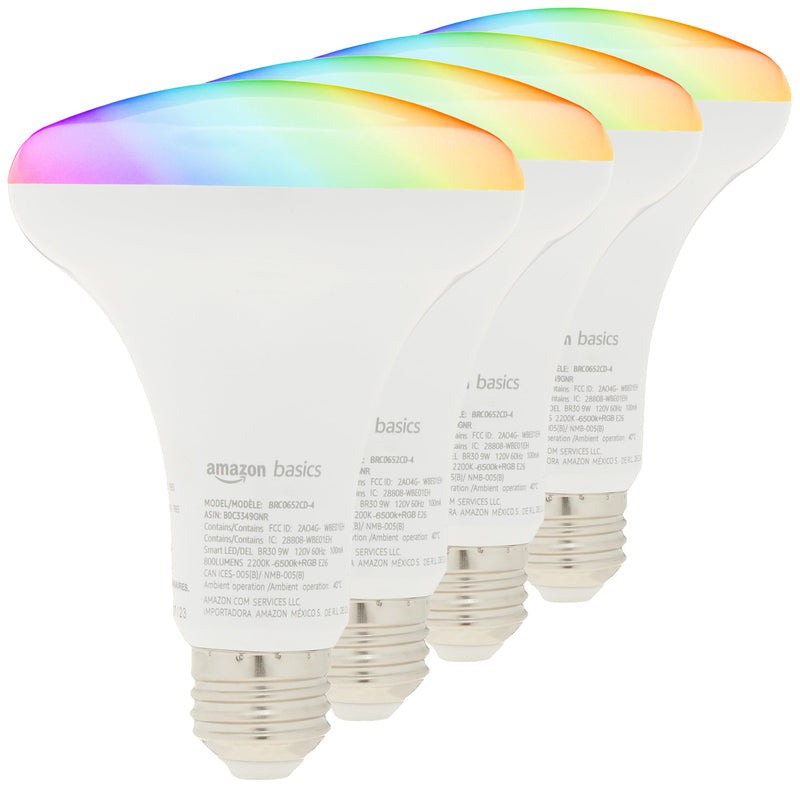 Amazon Basics Smart BR30 LED Light Bulbs, Color Changing, 9W (60W Equivalent), 800LM, Energy Efficient, Voice Control, Works with Alexa Only, 2.4 GHz Wi-Fi, No Hub Required, 4-Pack 4 Pack