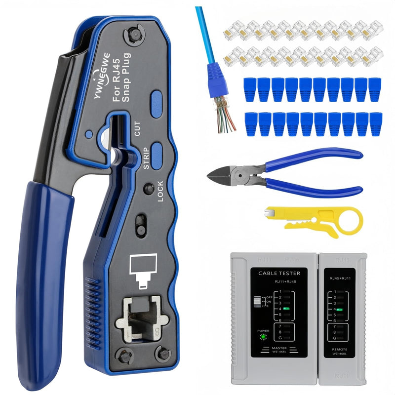 RJ45 Crimp Tool Kit Pass Through Ethernet Cat6 Cat6a Cat5e Crimping Tool with 20PCS Cat6 Pass-Thru Connectors,20 Covers,1 Wire Cutter Plier,1 Mini Wire Stripper and 1 Network Cable Tester Tool Kit 07