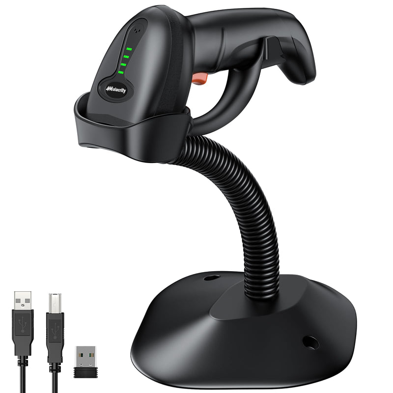 Bluetooth Wireless Barcode Scanner with Stand,Alacrity 3-in-1(Bluetooth & 2.4GHz Wireless & USB Wired) Bar Code Reader,1800mA*H Rechargeable Battery,Automatic Scanning,328Ft Range,16MB Storage Space Bluetooth Barcode Scanner with Stand