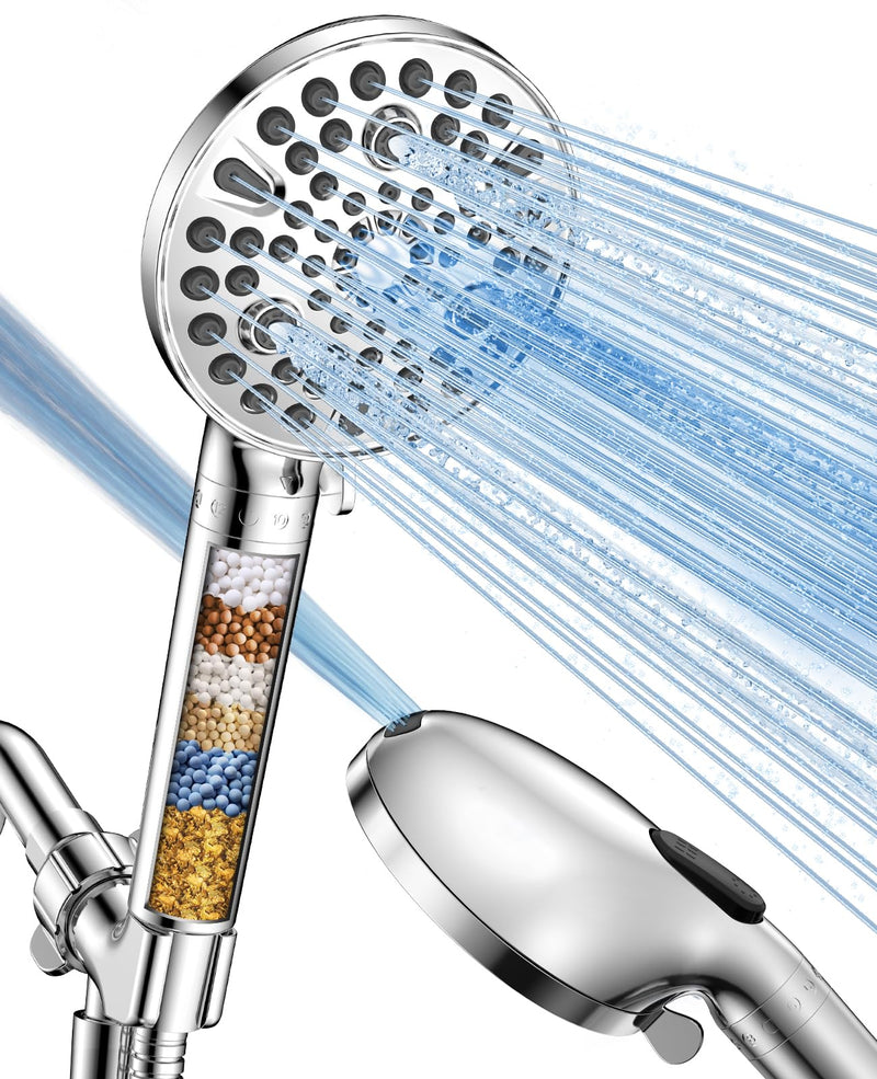 MakeFit Filtered Shower Head with Handheld-10 Modes High Pressure Showerhead with Built-in Power Wash,Long 71-inch Hose & Adjustable Bracket, Water Softener Filter Beads for Hard Water-Remove Chlorine Chrome