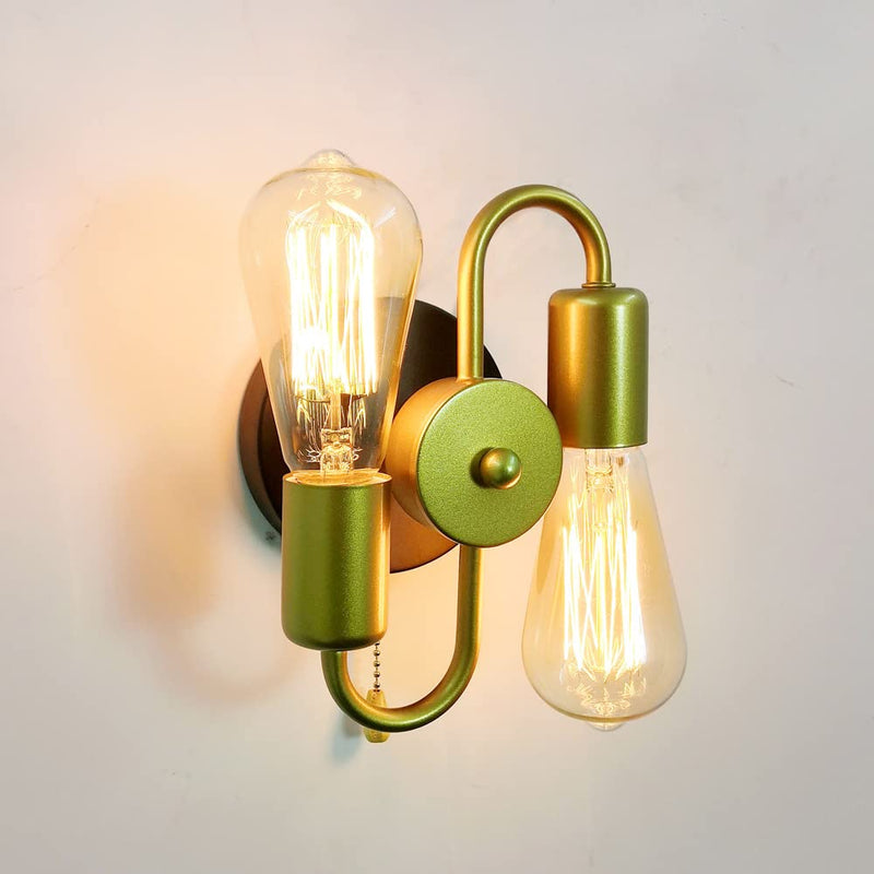 Pull Chain Switch Wall Sconces,2-Light Industrial Metal Wall Light Fixtures Sconces Wall Lighting for Bedroom Bathroom Kitchen Porch (Gold) Gold