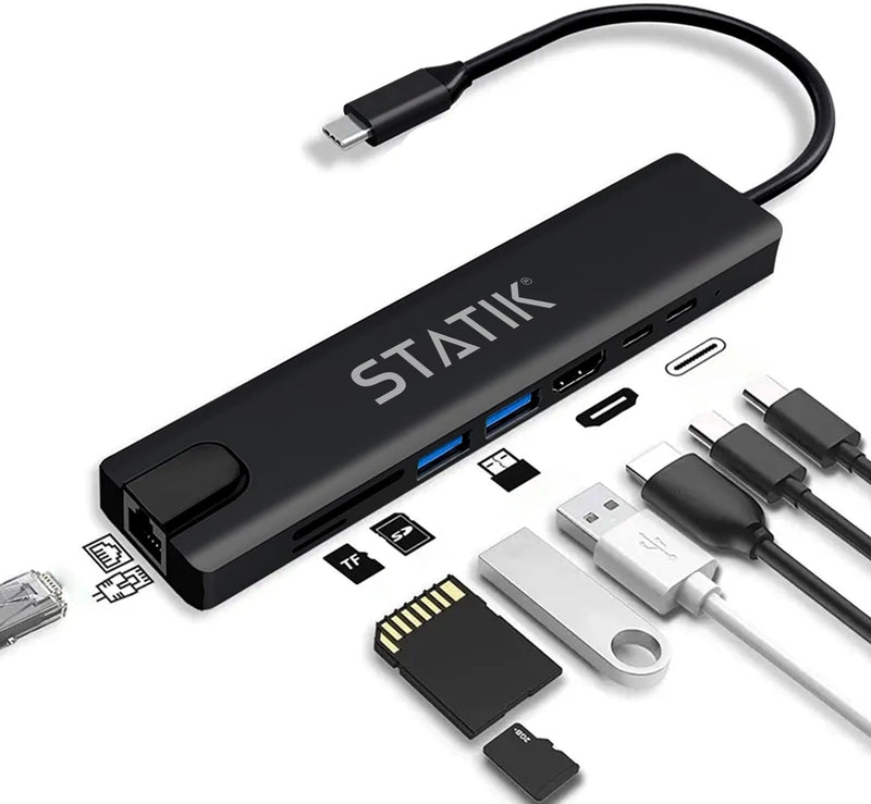 STATIK UltraHub Powered USB C Hub Multiport Adapter - USB C Docking Station - 8-in-1 Powered USB 3.0 Hub with 4K USB C HDMI Adapter, USB C dock, 100Mbps Ethernet Port, SD/TF Card Reader & Laptop Dock 1-Pack