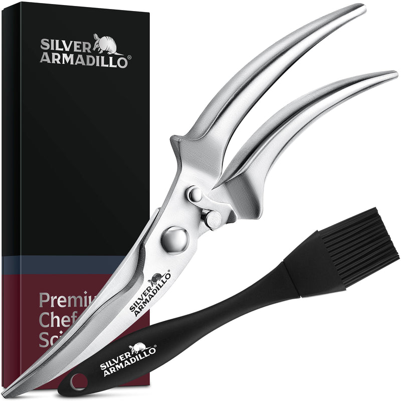 Heavy duty poultry shears, Kitchen Scissors for Bone, Chicken, Meat, Fish, Seafood and Vegetables, Spring Loaded food shear (Stainless Steel handles) Silver