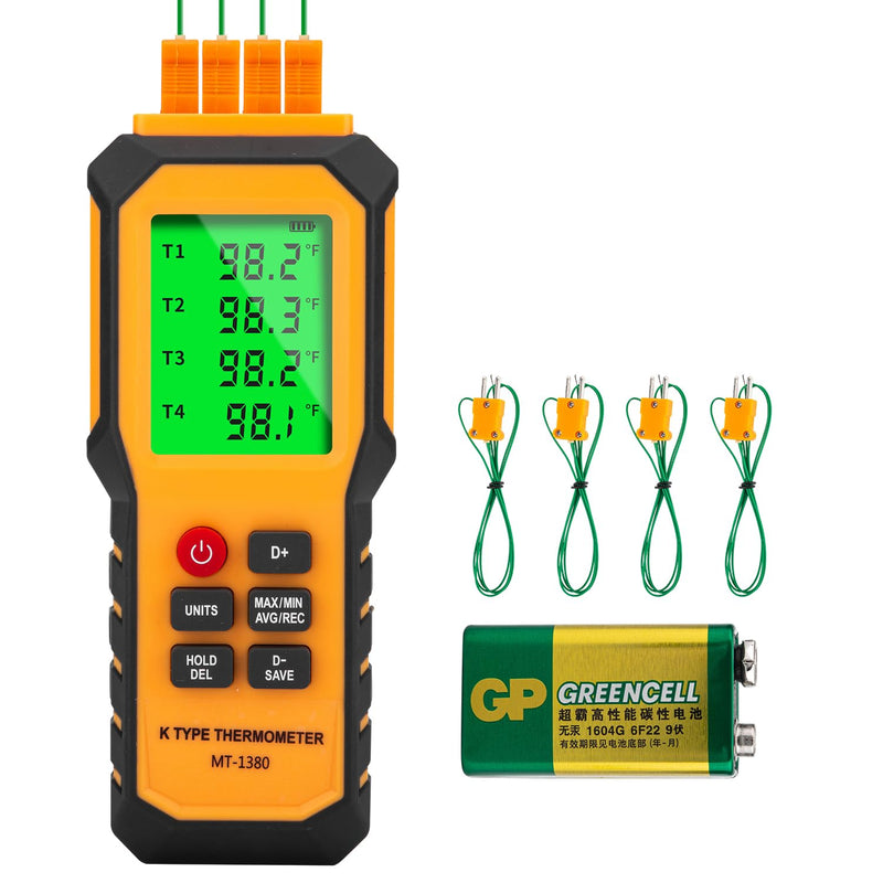 4-Channel K-Type Temperature Thermometer with LCD Backlight Measurement Range- 328℉-2501℉,YMZMeter Data Logger Comes 4 PCS Thermocouple Probe Sensor -104℉-752 ℉ 9V Battery Included. Yellow