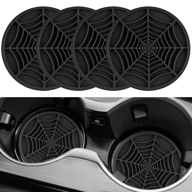 Alpmosn 4PCS Spider Web Car Coasters for Cup Holders, Halloween Funny Non-Slip Silicone Insert Ornaments Coasters, Automotive Cupholder Goth Accessories for Men & Women(Black) Black