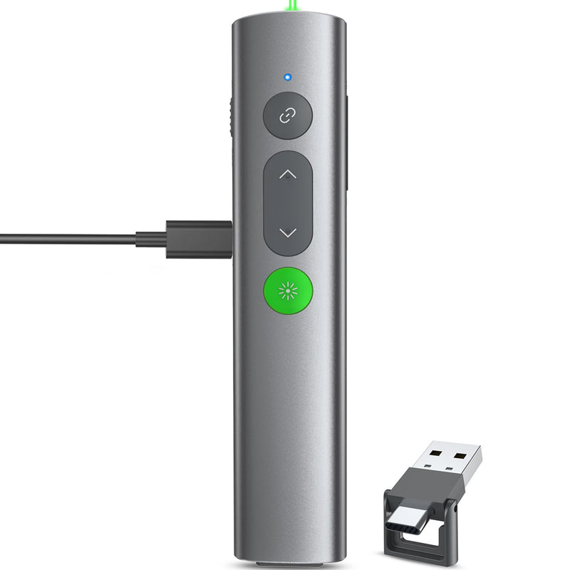 Wireless Presentation Clicker PowerPoint Remote: USB C A Presenter PPT Power Point Google Slide Advancer with Green Laser Pointer Smart Board Clicker for Computer Laptop Mac Projector Office Classroom Metal Green Laser