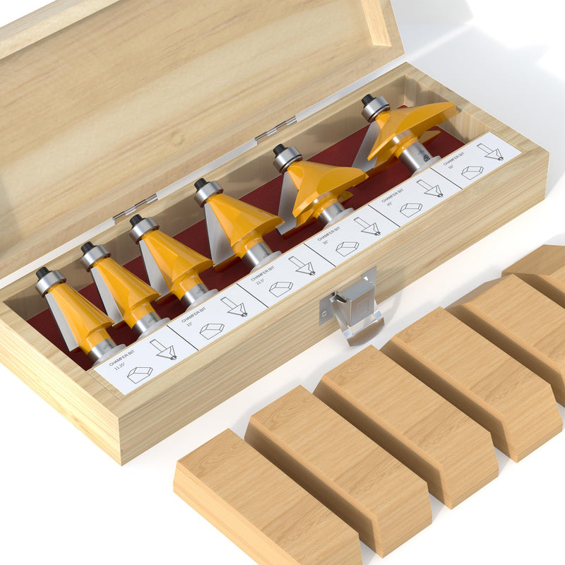 FivePears 6 PCS Chamfer Router Bit Set 1/2 Inch Shank, Edge Forming Bevel Carbide Tipped Router Bit with Bearing, Miter Angle Milling Cutters Tool, Including 11.25, 15, 22.5, 30, 45, 60 Degree 6 PCS Set - 1/2" Shank Multiple Angles (11.25°-60°)