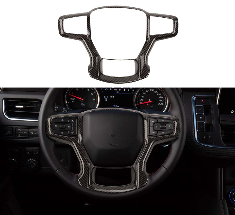 Voodonala for Chevy Silverado Steering Wheel Panel Cover Interior Steering Wheel Accessories Compatible with Chevy Silverado 1500 2019-2024 Suburban 2020+ Tahoe 2021+(1Pc,ABS,Carbon Fiber Black) Carbon Fiber Black 2019+ Model B