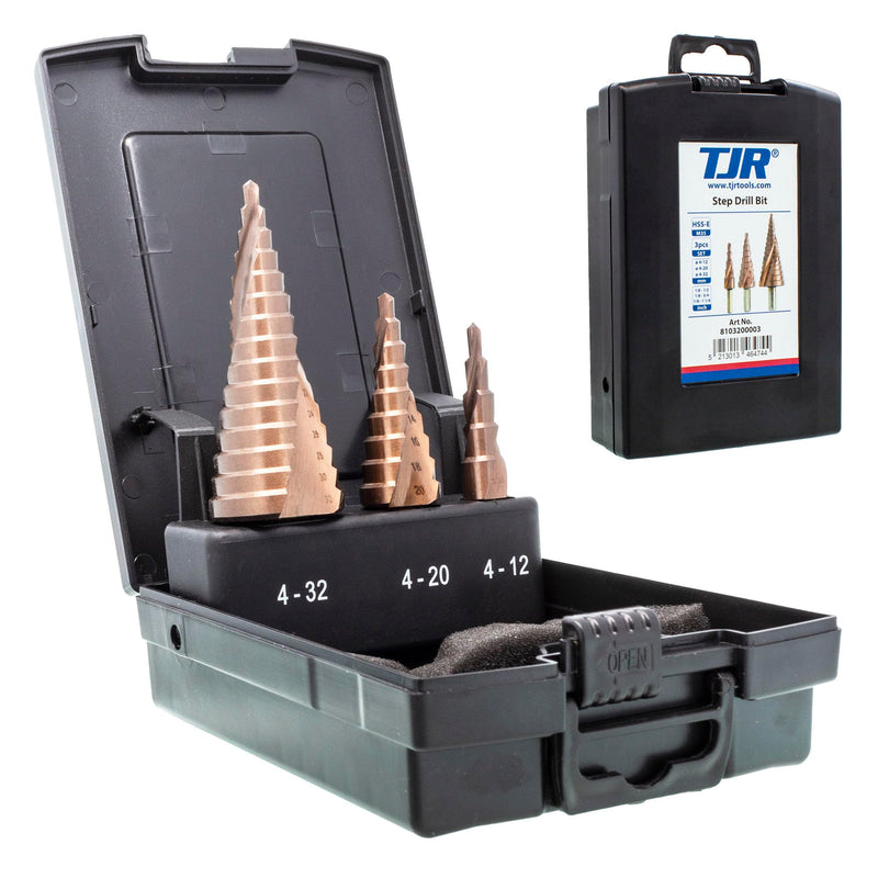TJR® HSS-E M35 Cobalt Step Drill Bit Set, 3 Pcs, 2-Fluted Spiral Grooved with 29 Step (4-32mm) Sizes Total for Faster Drilling in Stainless Steel, Alloy Steel, Non-Ferrous Metals, Wood, Plastics