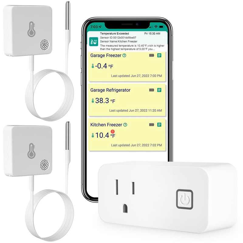  [AUSTRALIA] - MOCREO WiFi Freezer Thermometer Alarm, Email Alert, App Notification, Data Logging Export, No Subscription Fee, 2 Remote Temperature Sensor for Refrigerator, Freezer, Hot Tub 1 H2 Hub (No LCD) + 2 sensors