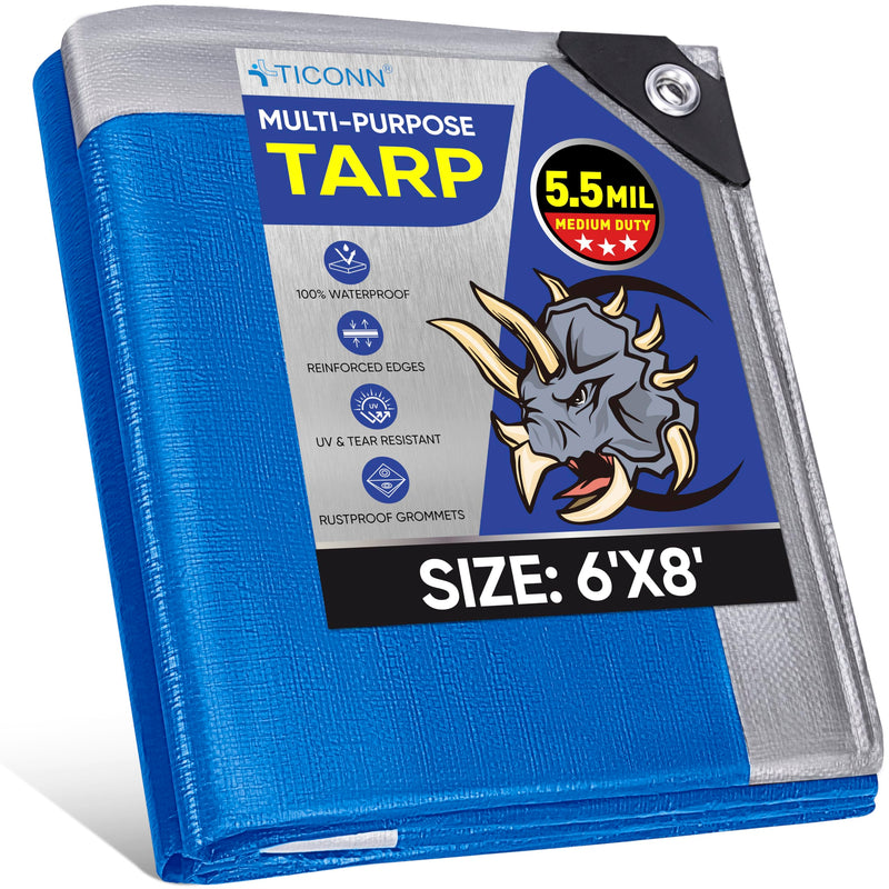 TICONN Heavy Duty Tarp Cover, Extra Thick Tarps Waterproof Tear and Rip Proof UV Resistant Tarpaulin with Reinforced Grommets and Edges (5.5 Mil, 6'x8') 6'x8' Blue-5.5 Mil