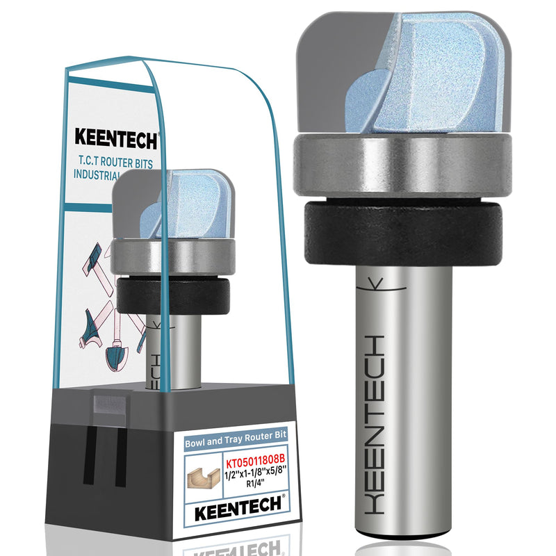 KEENTECH Router Bits, Top Bearing Dish Carving Bit for Edge Forming, Industrial Grade Blue Cutting Tools for Woodworking (1/2 Inch Shank x 1-1/8 Inch Diameter - R1/4 Inch Radius, KT05011808B) 1/2"(Shank)1-1/8"(Dia.)5/8"(Depth)
