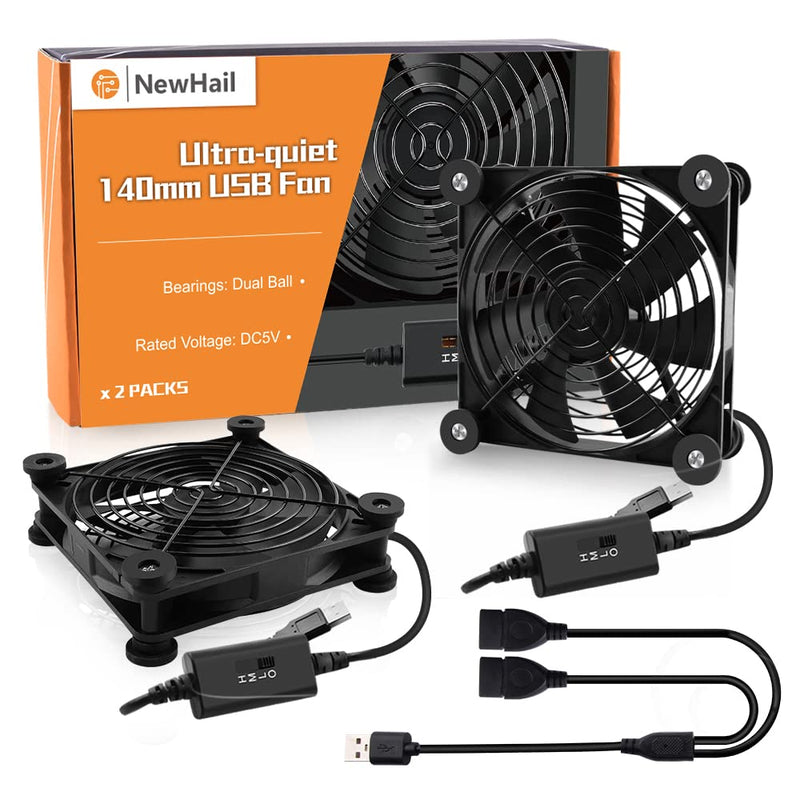 2Pack 140mm Mini USB Fan Computer Fan Multi-Speed Control, Reduction Heat for Router, Game Console, TV Box, Recipient, Modem, DVR, Playstation, AV-Cabin 2 Pack