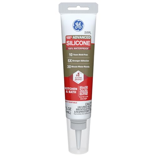 GE Advanced Silicone Caulk for Kitchen & Bathroom, Clear, 2.8 fl oz Tube, 1 Pack - 100% Waterproof Silicone Sealant, 5X Stronger Adhesion, Shrink & Crack Proof 2.8 fl oz (1 Pack)
