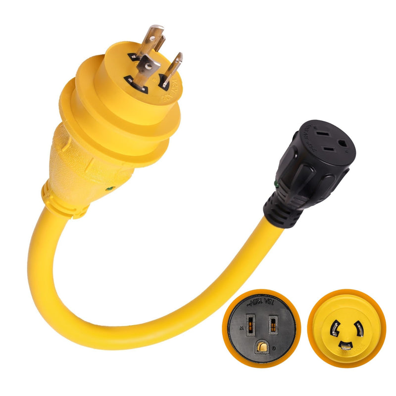 NAT 30 amp to 110 Adapter︱NEMA L5-30P to 5-15R Shore Power Cord 1.5FT︱30A to 15A with LED︱Indicator Heavy Duty 10AWGX3C 100% Copper︱STW UV & Cold-Resistant Jacket (30M/15F)