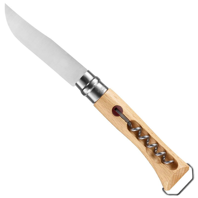 Opinel No. 10 Stainless Steel Corkscrew Wine and Cheese Folding Knife, Integrated Corkscrew + Bottle Opener, Beechwood Handle - Picnic Pocket Knife Made in France (Updated Version) Updated Version