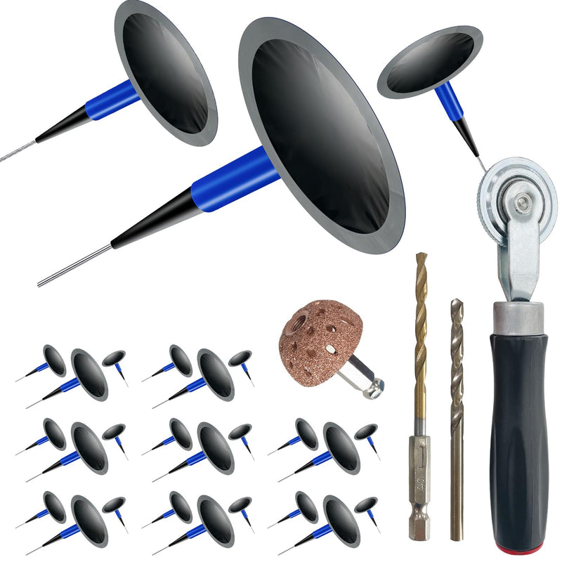 Tire Repair Patch Tool Kit Including 24pcs Tire Patch Plugs, Tungsten Buffing Wheel, Tire Patch Roller with 4mm Twist Drill Bits for Vehicle Tire Repair Kit