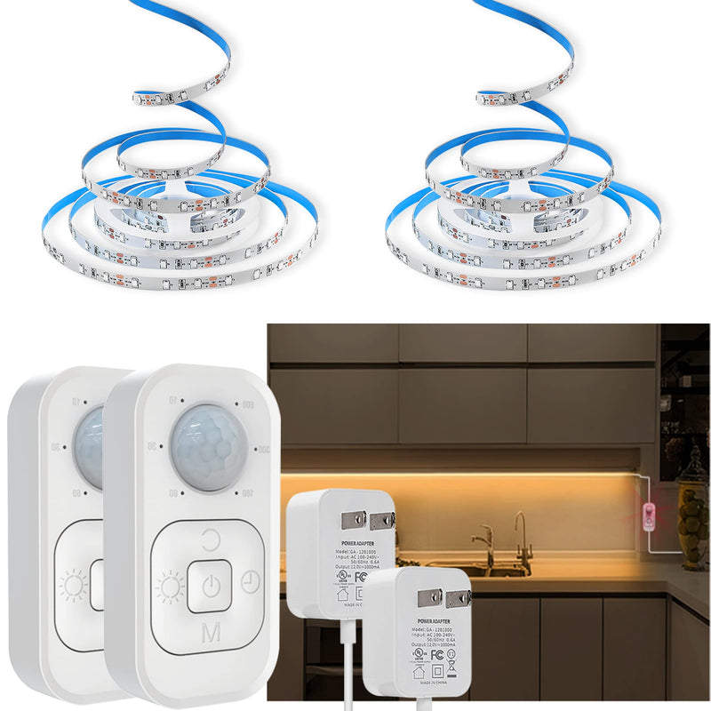 Under Cabinet Lights - Plug-in Motion Sensor LED Strip Lights Indoor with UL FCC Approved Adapter, Dimmer and Timer for Kitchen Cabinet, Stairway, Bedroom 2 Pack WARM WHITE 6000K 16.4FT 2 PACK