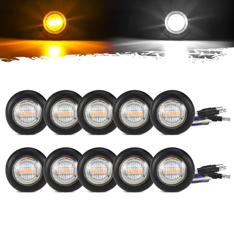 Partsam 10Pcs Dual Color 3/4" Round LED Marker Light Amber to White Auxiliary Light Side Marker DOT Approved Clearance Turn Signal Running Lights with Bullet Plug for Trailer Truck Pickup Camper RV Amber/White
