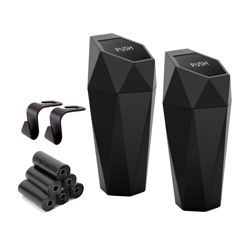 Ginsco Car Trash Can Cup Holder, 2 Pack Mini Trash Can with Lid, Car Accessories for Interior, Leakproof Small Trash Cup for Home with Additional 2 ABS Hooks and 90pcs Trash Bags Black 600ml x 2