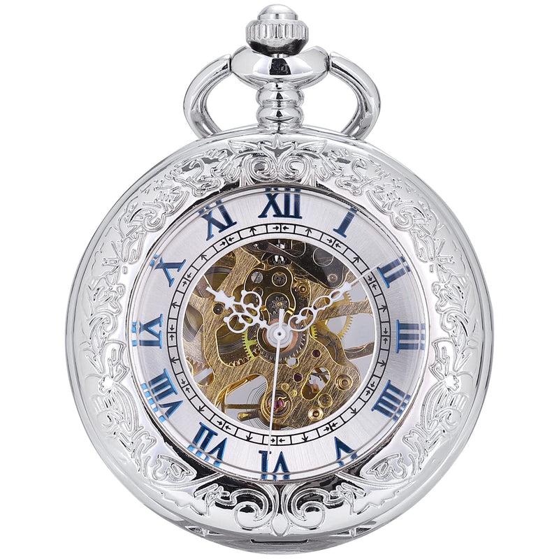 ManChDa Pocket Watch Retro Smooth Classic Mechanical Hand-Wind Pocket Watch Steampunk Roman Numerals Fob Watch for Men Women with Chain + Box A. Silver
