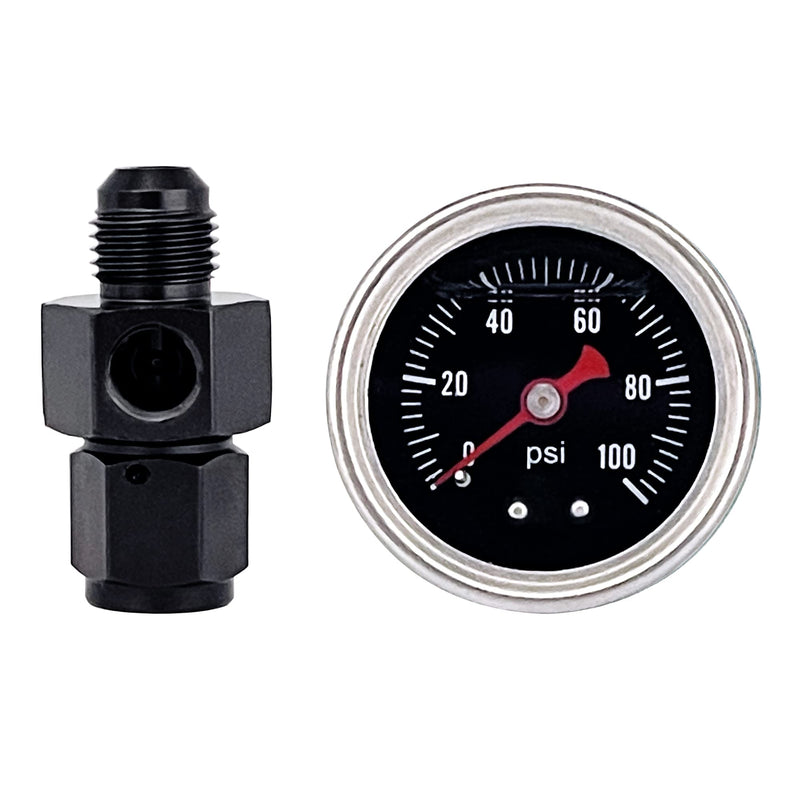 Fuel Pressure Gauge with 6AN Fuel Pressure Take Off Fitting, 0-100Psi, 1-1/2" Black Dial, 1/8" NPT Center Back Mount, Glycerin Filled, An6 Adapter 6AN-100PSI