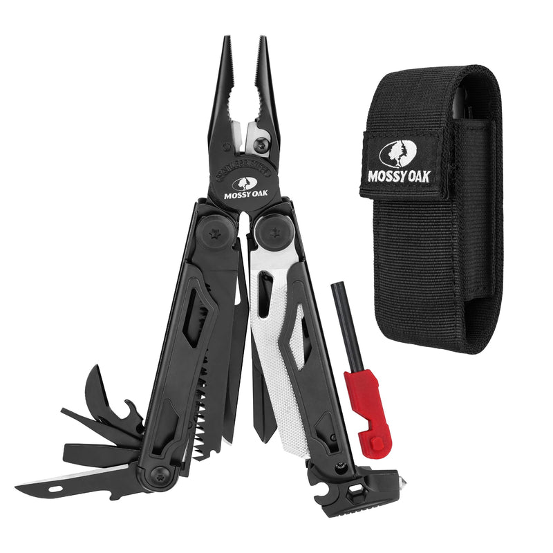 MOSSY OAK Multitool, 19-in-1 Stainless Steel Multi Tool Pliers, Survival Tools with Fire Starter, Window Breaker, Whistler, Self-locking EDC Gear with Sheath for Outdoor, Survival, Camping, Hiking 19-in-1 with Fire Starter & Whistle