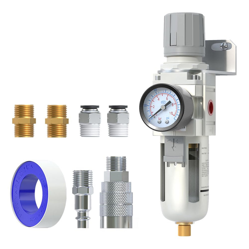 AIRZOE 3/8" NPT Air Filter Regulator Combo Piggyback,5 Micron Brass Element, Semi-Auto Drain,Air Pressure Regulator AW3000-03,0-145 psi Gauge 3/8"NPT