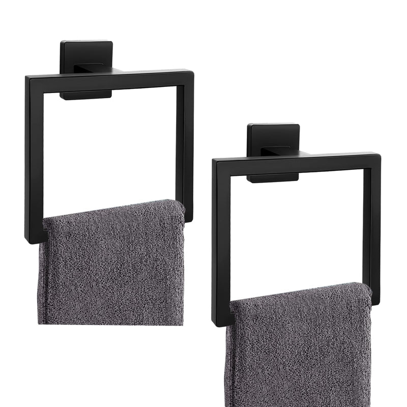 2-Piece Matte Black Square Towel Ring,Modern Hand Towel Holder for Bathroom,Stainless Steel Towel Hangers Wall-Mounted Bathroom Accessories 2 Pcs