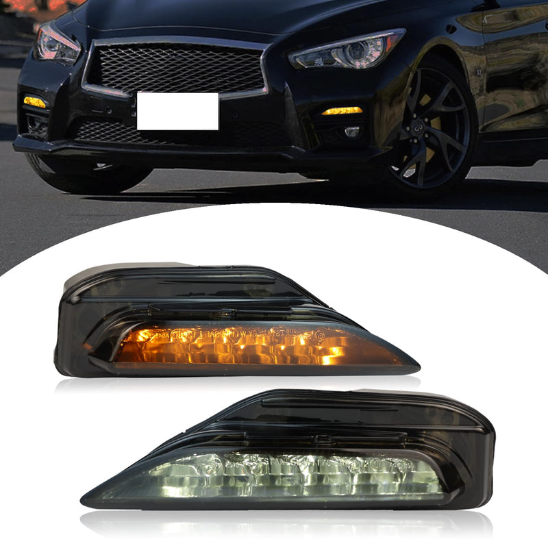 Smoked Housing LED Front Bumper Fog Lamp Daytime Running Light Turn Signal Feature Compatible with Infiniti Q50 2014-2023 Q70 2014-2019 White/Amber Light Accessories