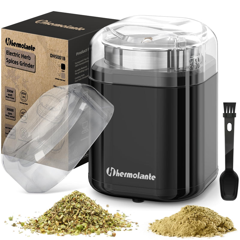 Herb Grinder Spice Grinder, 200 w Herb Grinder with Stainless Steel Blade and Cleaning Brush, Compact Size Electric Grinder for Herbs and Spices -5.11in (Black) Black