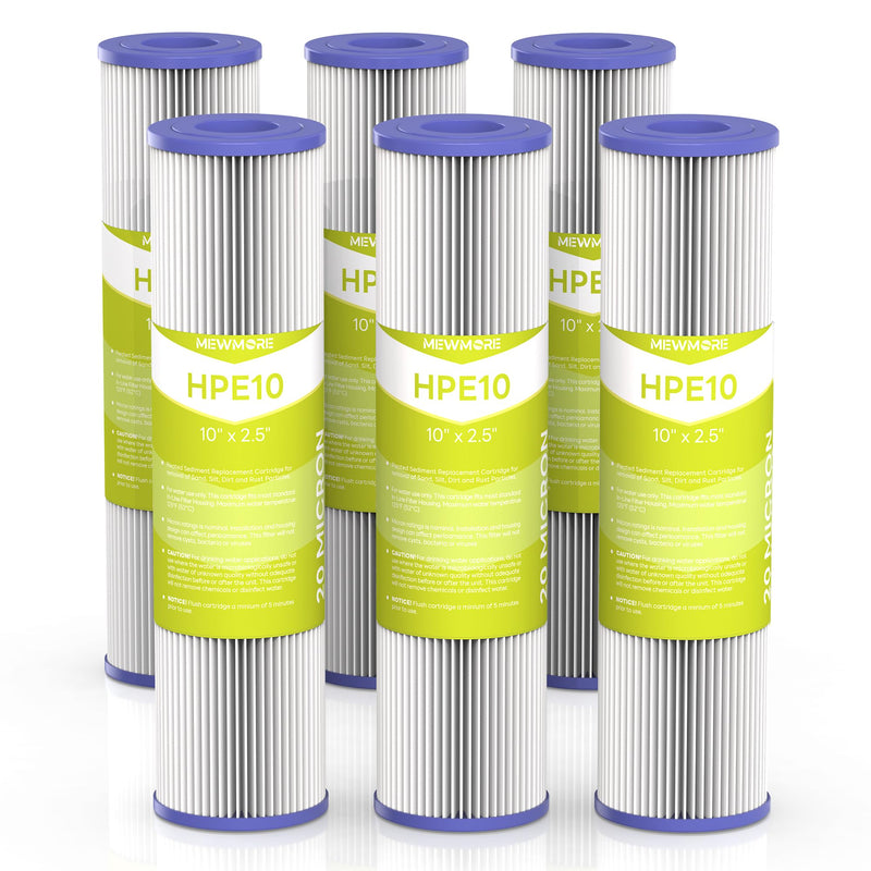 20 Micron Whole House Water Filter Cartridge, Pleated Sediment Filters for Well Water, Universal Replacement for Any 10 inch RO Unit - 10" x 2.5" Cartridges - Pack of 6 6 Pack 20 Micron