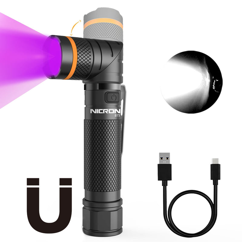 NICRON B75 High Power UV Flashlight Rechargeable LED 1000 Lumens 395nm Ultraviolet, 90 Degree 4 Modes Flashlight with Magnetic Base IP65 Waterproof for Camping Outdoor Night Walking Urine Detector with UV Light