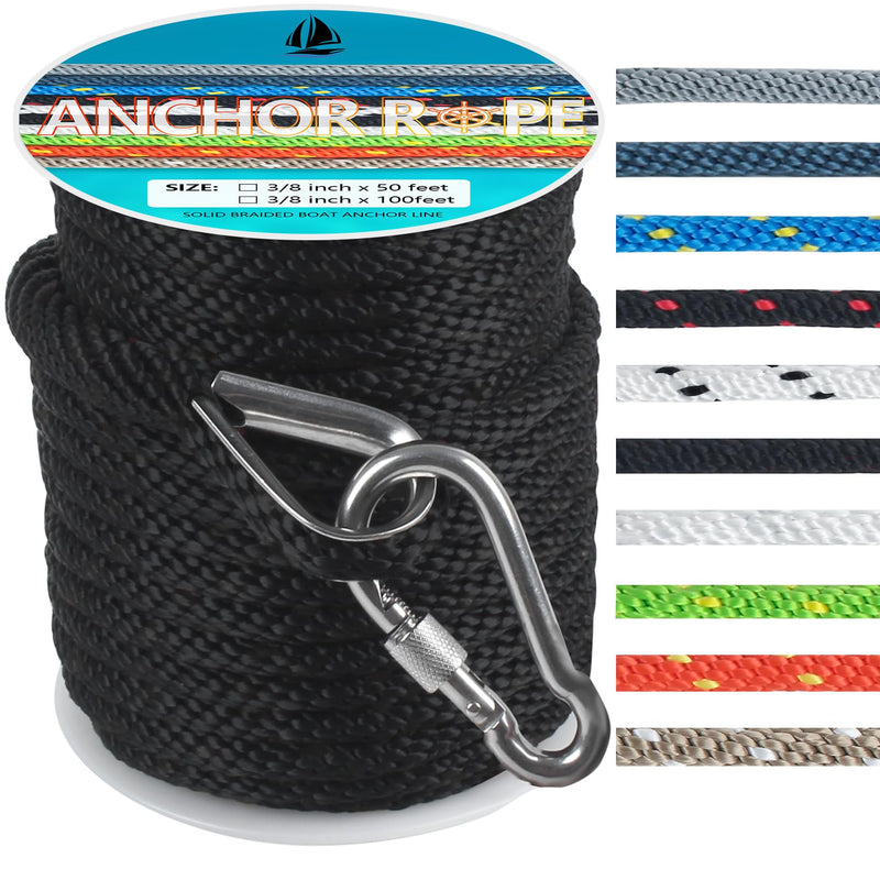 3/8 Inch 50 FT Anchor Rope, Boat Anchor Rope Solid Braid MFP, Anchor Line with 316 Stainless Steel Thimble and Snap Hook - Black 3/8inx50ft