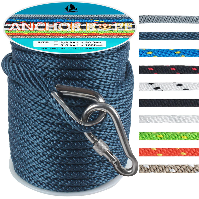 3/8 Inch 50 FT Anchor Rope, Boat Anchor Rope Solid Braid MFP, Anchor Line with 316 Stainless Steel Thimble and Snap Hook - Navy Blue 3/8inx50ft