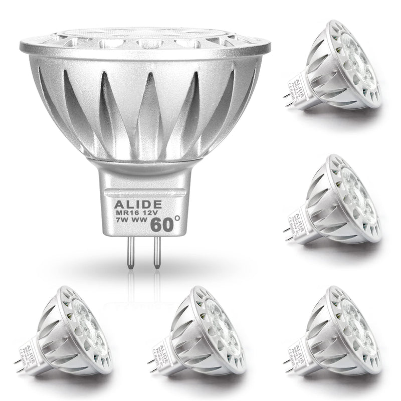 ALIDE MR16 7W 60 Degrees GU5.3 Led Bulbs Replace 50W to 75W Halogen Equivalent,2700K Warm White,12V Low Voltage MR16 Bulb Spotlight for Outdoor Landscape Flood Track Recessed Lighting,560lm,6 Pack 2700k Warm White MR16 GU5.3 (6 count)
