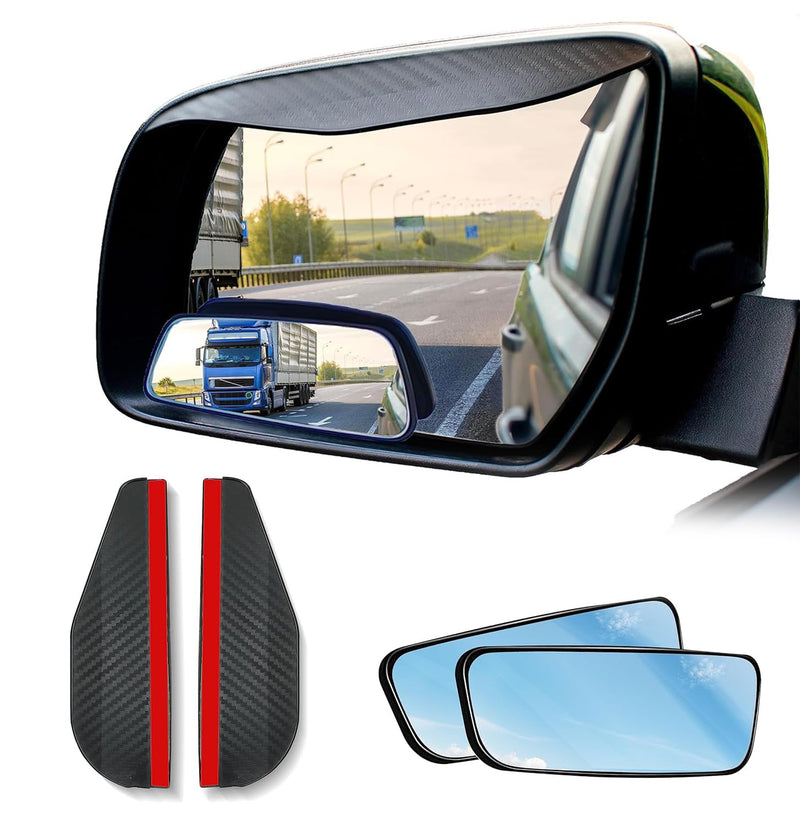 EcoNour Blind Spot Car Mirror (2 Pack) | Wide Angle for 3x Larger View | Universal Car Rear View Mirror with Rain Guard | Side Blind Spot with Adjustable Stick for Cars, SUVs, and Trucks Rectangle With Visor