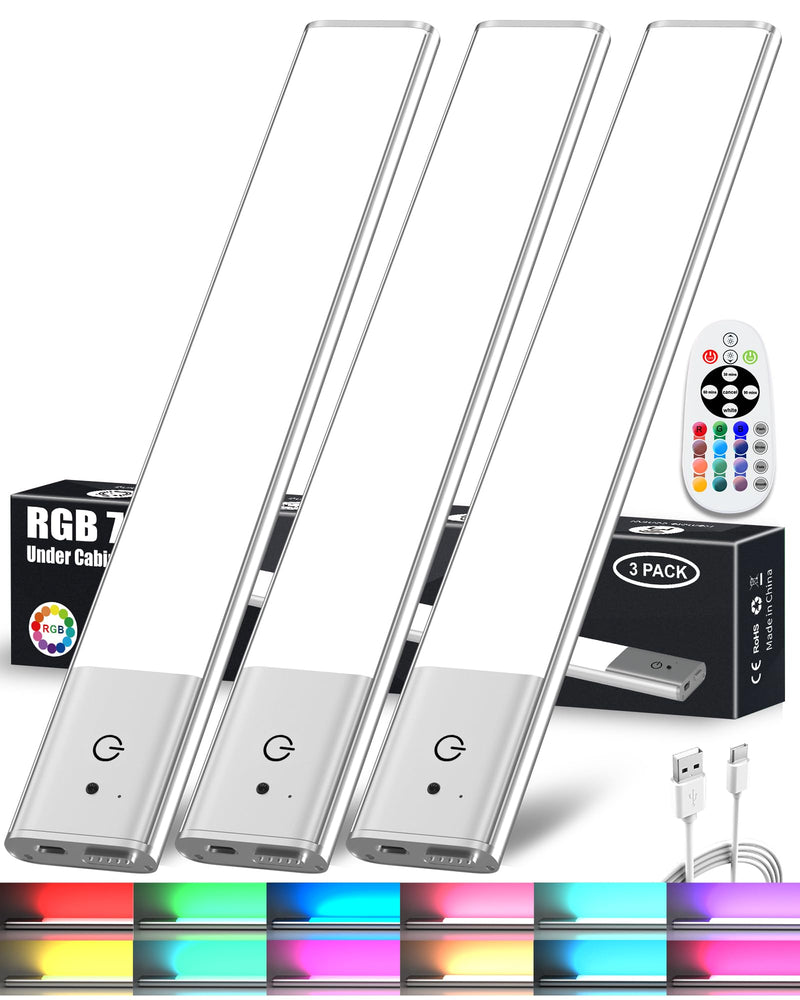 79-LED Under Cabinet Lighting, 15 Colors Uitra-Thin Closet Lights Rechargeable Wireless Under Counter Lighting with Remote Control, Dimmable RGB Light Bars for Kitchen Showcase Shelf, 3 Pack