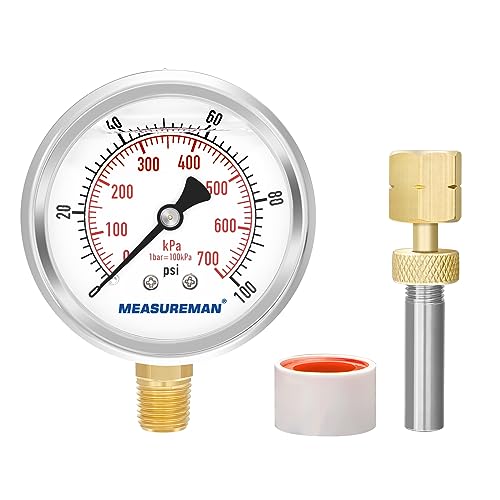 MEASUREMAN 0-100psi/kpa Liquid Filled Pressure Gauge with Brass Gauge Adaptor 1/4NPT Female，2-1/2 OAL x 1-2/5" x 1/8" Probe with Stainless Steel Sheath，Pressure Test Kit