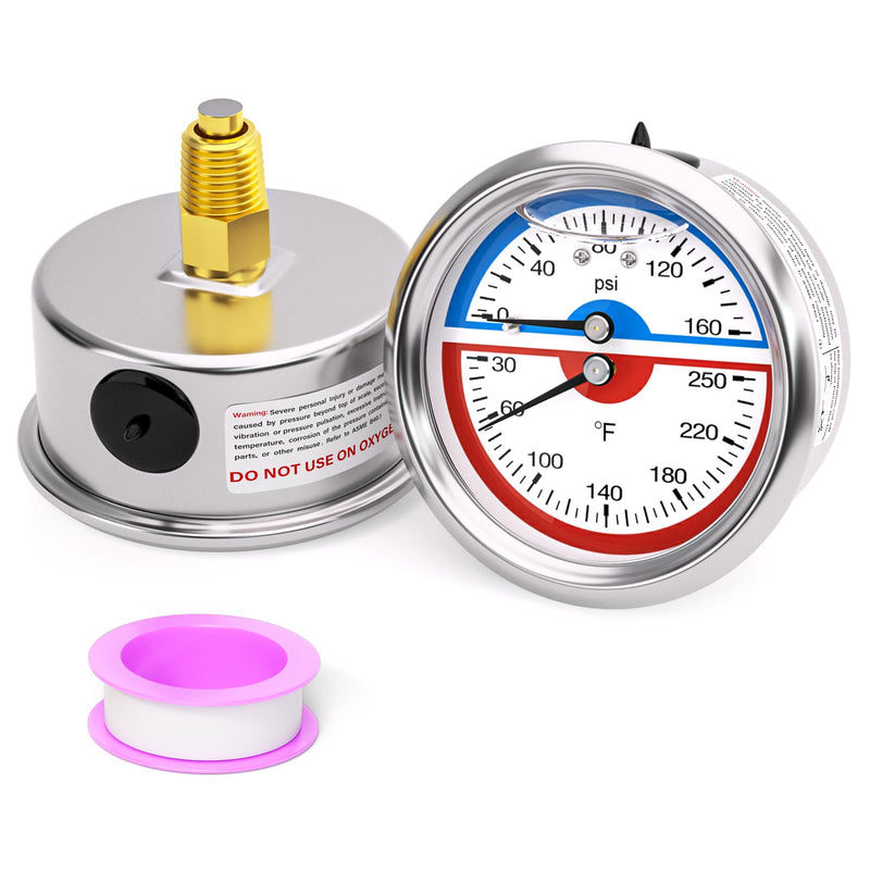 MEANLIN MEASURE 0-160Psi Stainless Steel Thermal Pressure Gauge 30-250℉ Liquid Filled Pressure Gauge 1/4" NPT 2.5" FACE DIAL, with Teflon Tape, Back Mount
