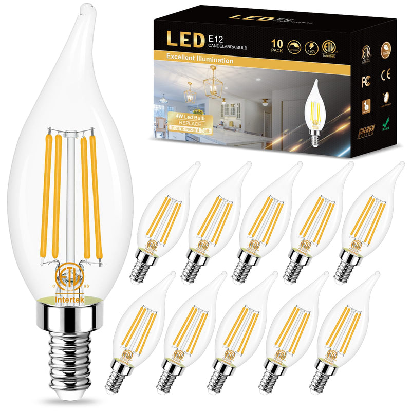 E12 Candelabra LED Bulb 60W Equivalent, Dimmable 3000K Warm White, Flame Tip, 4W, 500LM, 120V, CRI 85, for Chandelier, 10 Pack 10 Count (Pack of 1)