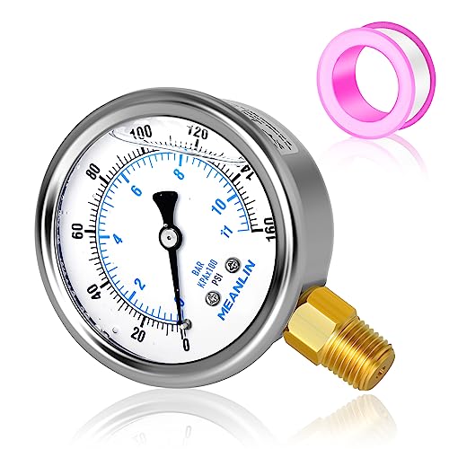 MEANLIN MEASURE 0~160Psi Liquid Filled Pressure Gauge 1/4" NPT 2.5" FACE DIAL Stainless Steel Glycerin Filled WOG Water Oil Air Lower Mount (with 2PCS Snaps) 0-160Psi Lower Mount (1/4NPT)