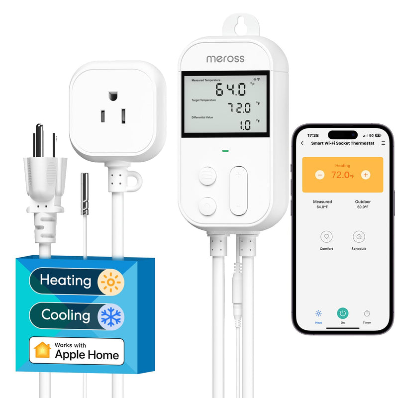 meross Smart Temperature Controller 15A 1800W, Smart Wi-Fi Thermostat Controlled Outlet Plug Works with Apple Home, Alexa, Google Home for Heating Cooling Homebrew Fermentation Reptiles Greenhouse New Temperature Controller