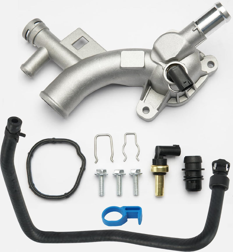 Aluminum Engine Coolant Thermostat Housing Water Outlet Kit with Coolant Reservoir Inlet Hose Compatible with 2011-2021 Chevy Cruze Sonic Trax, Buick Encore 1.4L Replaces 25193922, 902-846, 13251447 Water Outlet & Inlet Hose