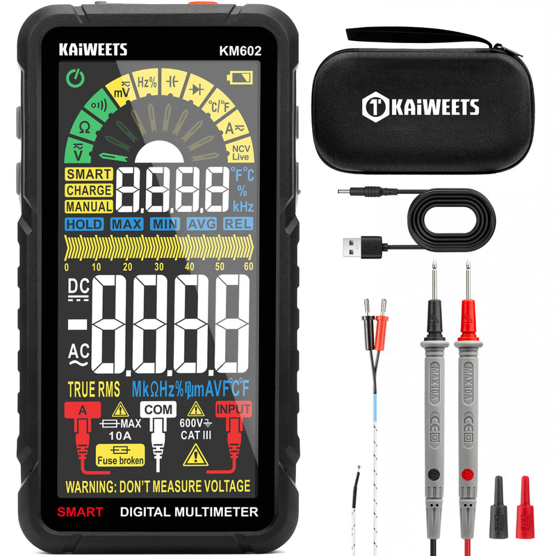 KAIWEETS Smart Multimeter Rechargeable Electrical Tester with Auto Ranging Digital Voltmeter Measures Voltage Current Resistance Continuity Capacitance Temperature Frequency NCV 6000 Counts TRMS Black KM602 Full-Screen Smart Multimeter