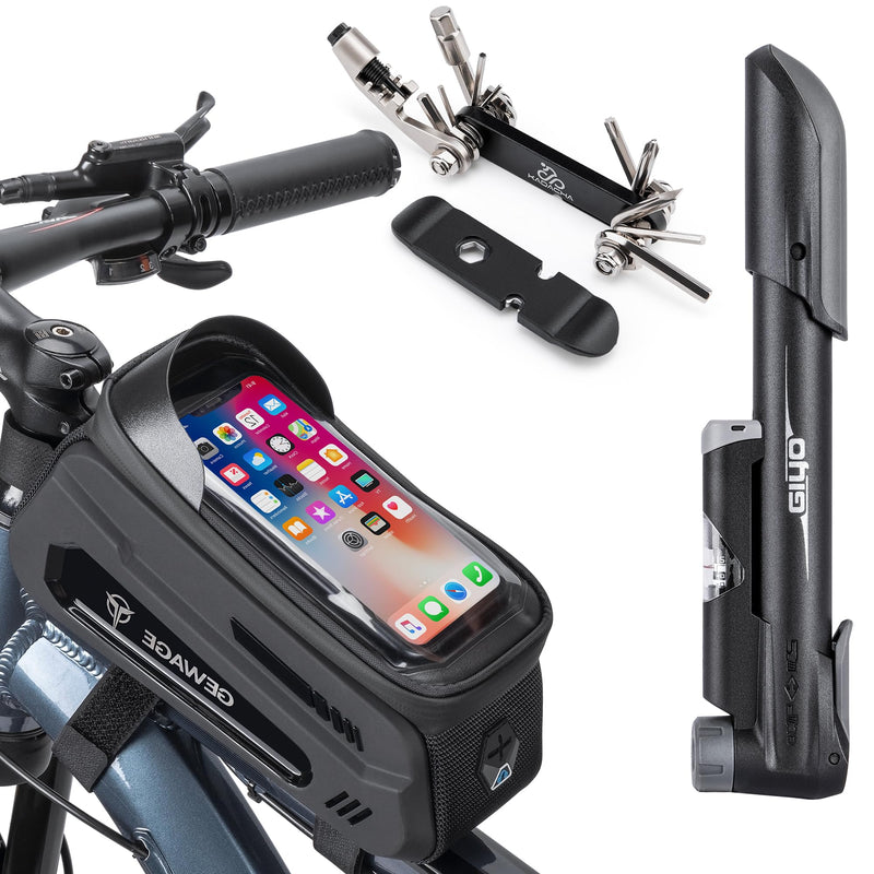 GEWAGE Bicycle Phone Mount Bag & Bicycle Tire Pump, Bike Multitool with Tyre Lever - Bike Tool Kits for Repair and Maintenance at Home or On The Road Ge-0541-41cp