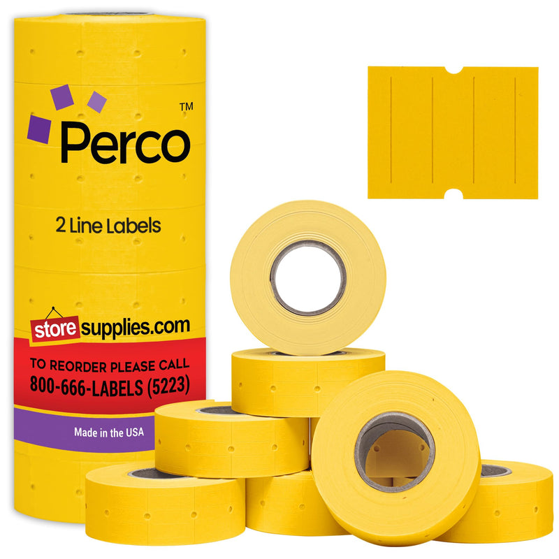 Perco 2 Line Yellow Labels - 8 Rolls, 1 Sleeve, 6,000 Blank Price and Date Gun Labels for Perco 2 Line Price and Date Guns - Made in USA