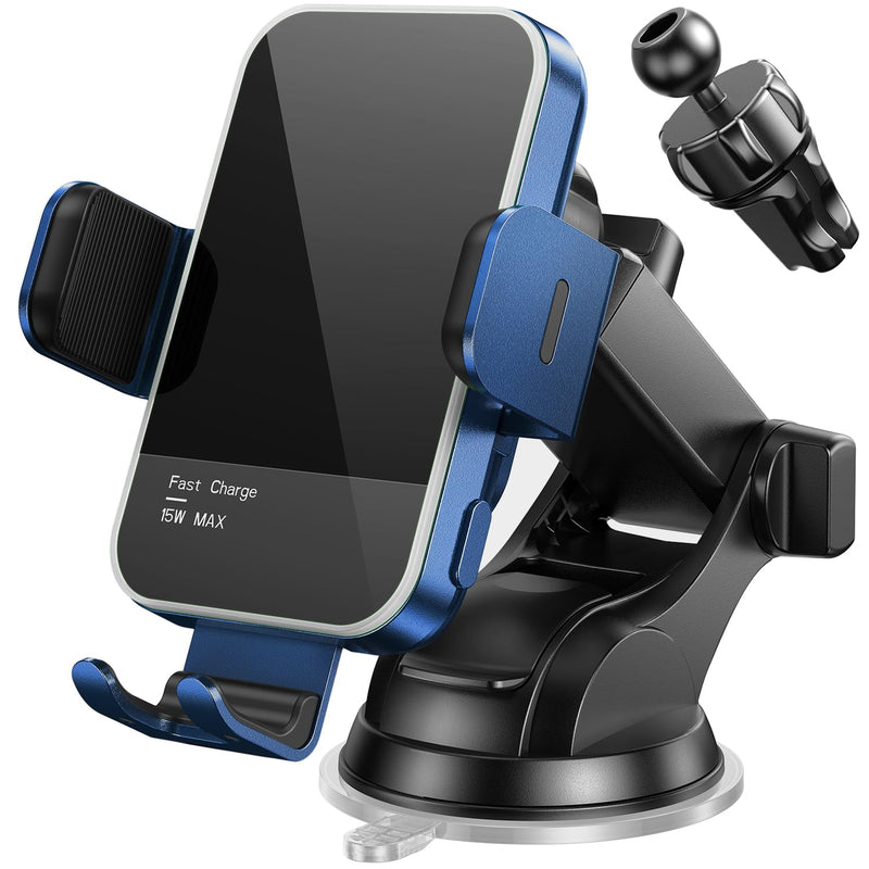 Wireless Car Charger,【7 Colored LED Backlit】15W Auto Clamping Car Charger Phone Mount Holder fit for iPhone 14 13 12 Mini Pro Max 11 XR XS X, Samsung Galaxy S23 Ultra S22 S21+ S10+ Note 20, etc - Blue